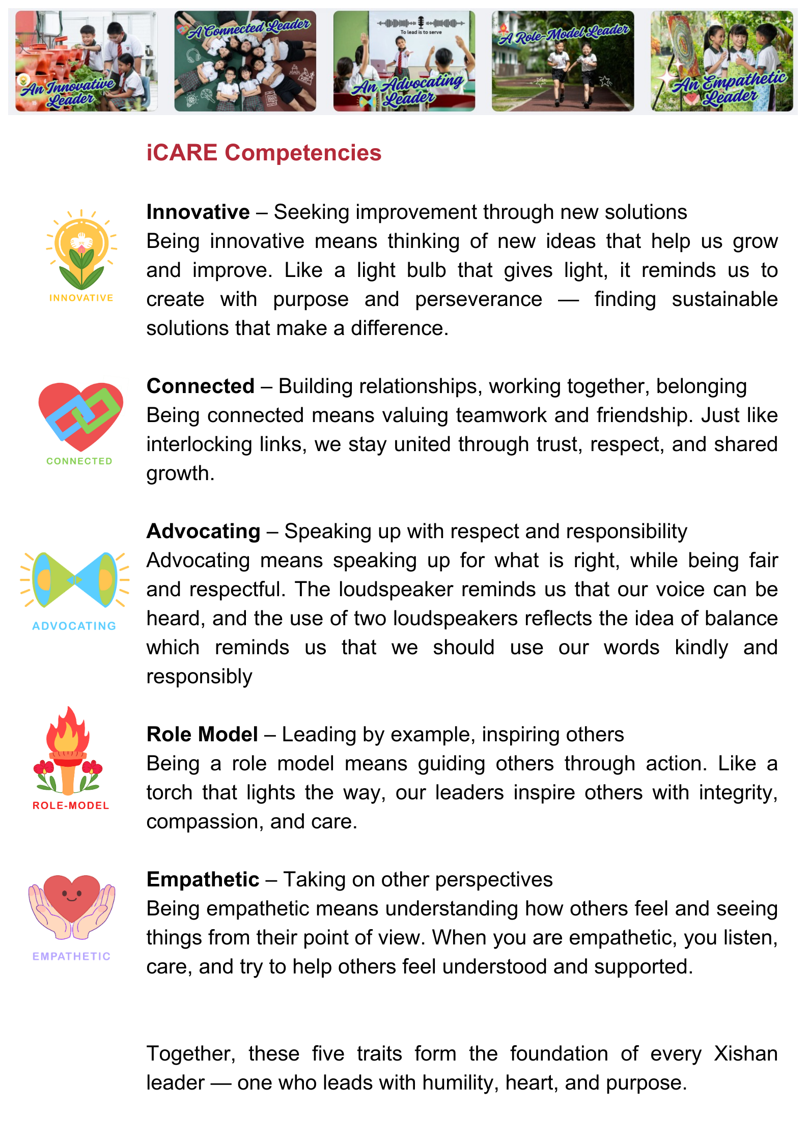 The iCARE competencies encourage leaders to be Innovative, Connected, Advocating, Role-Model, and Empathetic, working together to lead with purpose, integrity, respect, and care for others.